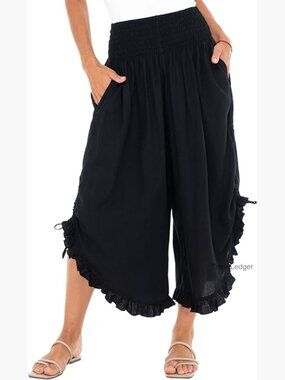 High Rise Elastic Waist Ruffle Wide Leg Cropped Gaucho Pants